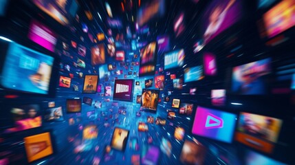 Aufkleber - A digital vortex of video thumbnails speeds past the viewer. The thumbnails are brightly colored and contain a variety of content, including people, animals, and landscapes.