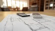 Two calculators rest on a blueprint spread across a wooden table, with a blurred background of a modern living room.