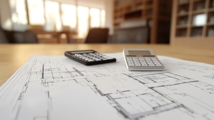 Two calculators rest on a blueprint spread across a wooden table, with a blurred background of a modern living room.
