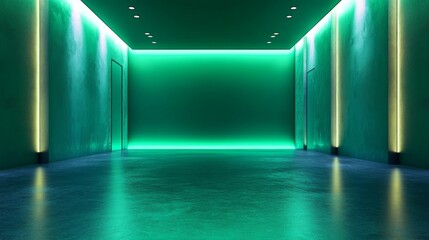 Wall Mural - empty room with green walls and neon lights.