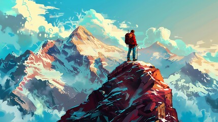 Canvas Print - A hiker stands triumphantly on a mountain peak, surrounded by majestic snowy landscapes and vibrant skies.