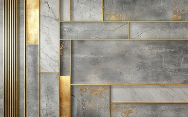 Wall Mural - A modern marble wall decoration wallpaper that features abstract golden lines and wooden shapes.