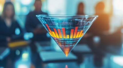 Fototapete - A futuristic transparent funnel with data visualizations floating above a business meeting.