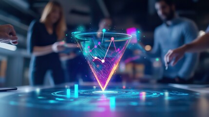 Poster - A team of business people collaborating around a futuristic holographic display showcasing data visualization and financial analysis.
