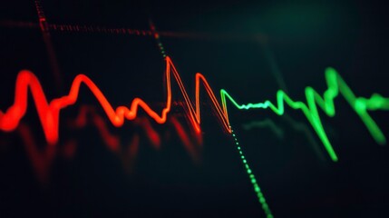 Poster - Close-up of a red and green line graph on a dark background, showing fluctuations in data.