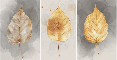 Wall Mural - A modern canvas wall poster featuring golden leaves against a light gray marble backdrop