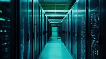 Poster - A long hallway of servers in a data center with blue lighting.