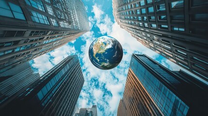 Aufkleber - A blue planet earth is surrounded by skyscrapers in a blue sky with white clouds, viewed from a low angle.