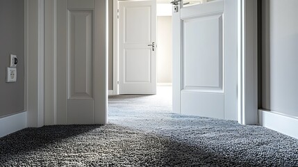 Canvas Print - A well-lit hallway featuring open doors and a textured carpet, creating an inviting atmosphere.