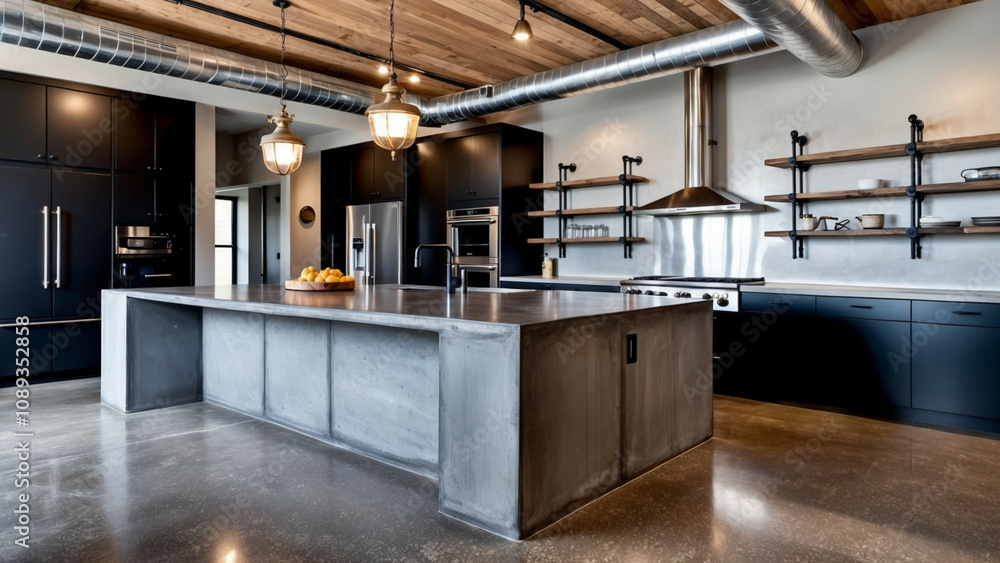 A spacious, modern industrial kitchen with a large concrete island ...