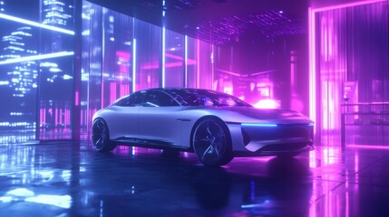 Poster - A sleek electric car stands out in a colorful, high-tech urban setting, illuminated by bright neon lights.