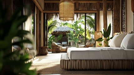 Poster - Luxurious tropical resort bedroom with wooden decor and lush garden view : Generative AI