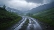© Muneeb - A Rural Mountain Road During a Rainstorm at Dusk with Misty Atmosphere and Wet Terrain