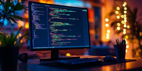 Poster - Modern Office Workspace with Computer Displaying Colorful Code Amidst Ambient Lighting : Generative AI
