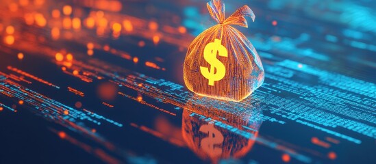 Digital Money Bag on Code:  A futuristic illustration of a glowing money bag symbolizing digital finance and cryptocurrency.