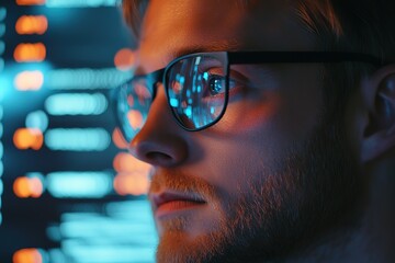 Close up Man overlay and code for network, cybersecurity and internet cloud computing and future. Programmer, data and technician or software engineer with server, inspection and firewall security 