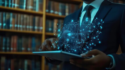 Aufkleber - A businessman in a suit uses a tablet in a library, with a digital brain network glowing in front of him, representing technology and innovation.