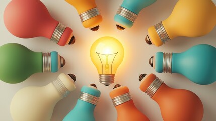 Wall Mural - a group of colorful light bulbs arranged in a circle, with one glowing brighter than the others, sym