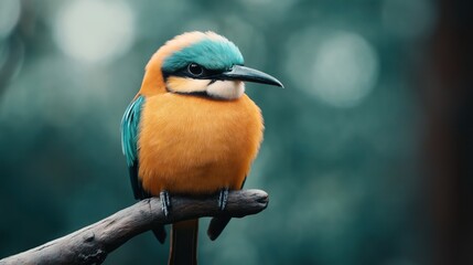 Wall Mural - Colorful bird with orange belly, teal head, and black beak perched on a branch with blurred green background