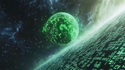 Poster - A glowing green planet with digital code in the background.