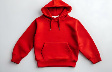 Red hooded sweatshirt with pocket, isolated on white background.