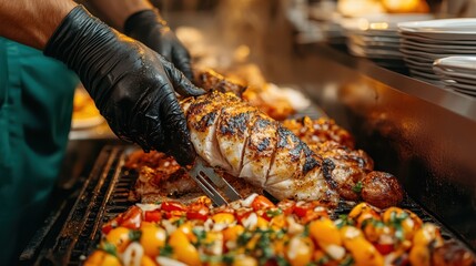 Sticker - A chef slices grilled meat while colorful skewers of vegetables sizzle on the grill, showcasing a vibrant culinary experience.