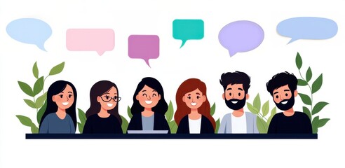 Aufkleber - A diverse group of six people engaged in discussion, with speech bubbles above them, surrounded by green plants.
