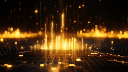 Aufkleber - A dynamic visualization featuring luminous golden bars rising from a dark background, resembling data or sound wave patterns.