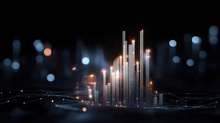 Fototapete - A futuristic data visualization with glowing bars and soft bokeh, representing analytics and digital technology.