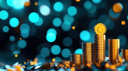 Poster - A stack of shimmering gold coins against a vibrant blue bokeh background, symbolizing wealth and prosperity.