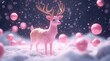 © somchairakin - A whimsical pink reindeer stands amidst sparkling snow and colorful ornaments, creating a magical winter scene.