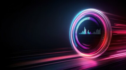 Aufkleber - A vibrant, abstract composition featuring a circular design with colorful light streaks, suggesting speed and dynamic motion, complemented by a sound wave graphic.
