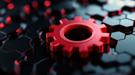 Leinwandbilder - A close-up of a red gear set against a dark, hexagonal-patterned background, symbolizing technology and engineering.