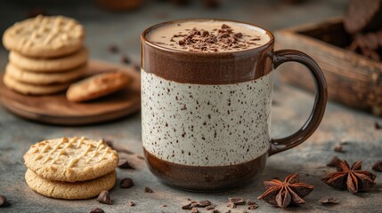 Vintage mug overflowing with rich chocolate milk, garnished with chocolate shavings, paired with classic cookies on a textured neutral background.