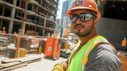 Fototapete - A construction worker on-site wearing essential PPE gear, including a hard hat, gloves, and reflective vest. 