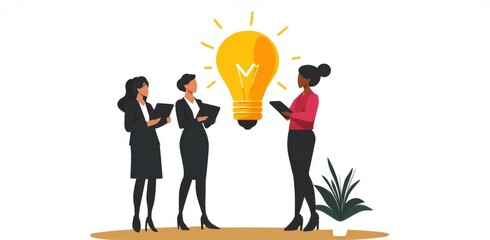 Aufkleber - Three women collaborate creatively, sharing ideas symbolized by a light bulb, representing teamwork and innovation in a professional setting.