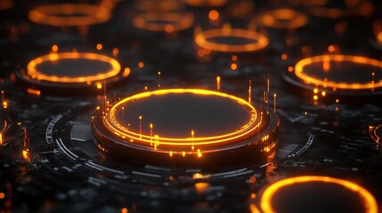 Leinwandbilder - A futuristic digital landscape features glowing orange circles against a dark background, evoking a sense of technology and innovation.