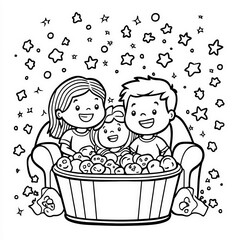 Canvas Print - A family enjoying movie night at home, coloring page for kids, simple outline illustration. Coloring book, simple lines.