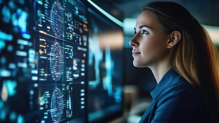 Aufkleber - A young woman looking at a large screen with data visualizations.