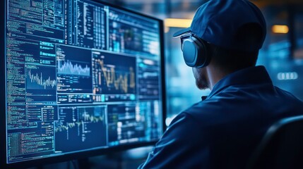 Leinwandbilder - A man in a blue shirt and cap sits in front of a large computer screen displaying data and code, wearing headphones.