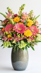 Wall Mural - A bright bouquet of colorful spring flowers including chrysanthemums and lilies, arranged artistically in a vase, symbolizing good fortune and health for the New Year. Vertical social media footage