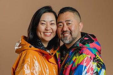 Sticker - Portrait of a glad asian couple in their 30s wearing a vibrant raincoat in soft brown background