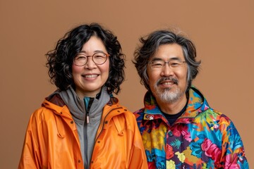 Sticker - Portrait of a glad asian couple in their 30s wearing a vibrant raincoat in front of soft brown background