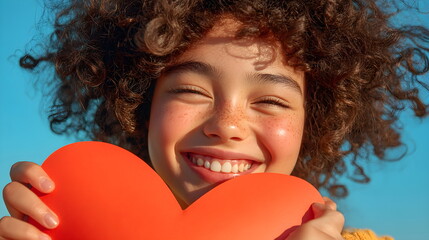 Cheerful Portrait of a Girl Holding a Heart