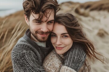 Sticker - Portrait of a blissful caucasian couple in their 20s dressed in a warm wool sweater in sandy beach background