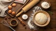 © mrbee - Warm and Inviting Flat Lay of Baking Tools and Ingredients, Highlighting a Rolling Pin, Fresh Dough, and Flour on a Wooden Surface