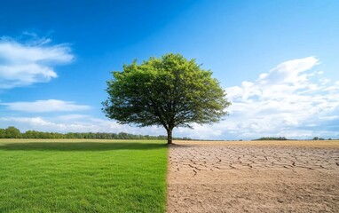 A tree divides a lush green field from a dry, cracked landscape.