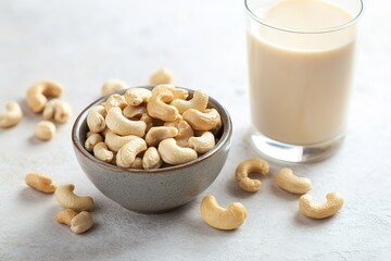 Bowl of cashews with glass of nut milk on table