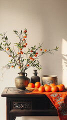 Wall Mural - Traditional Chinese arrangement of auspicious plants, including mandarin trees and bamboo, displayed on a festive table during a family gathering for the Lunar New Year. Vertical social media footage