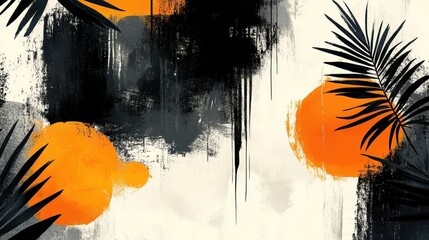 Wall Mural - Abstract art with orange, black, and white colors, featuring palm leaves.